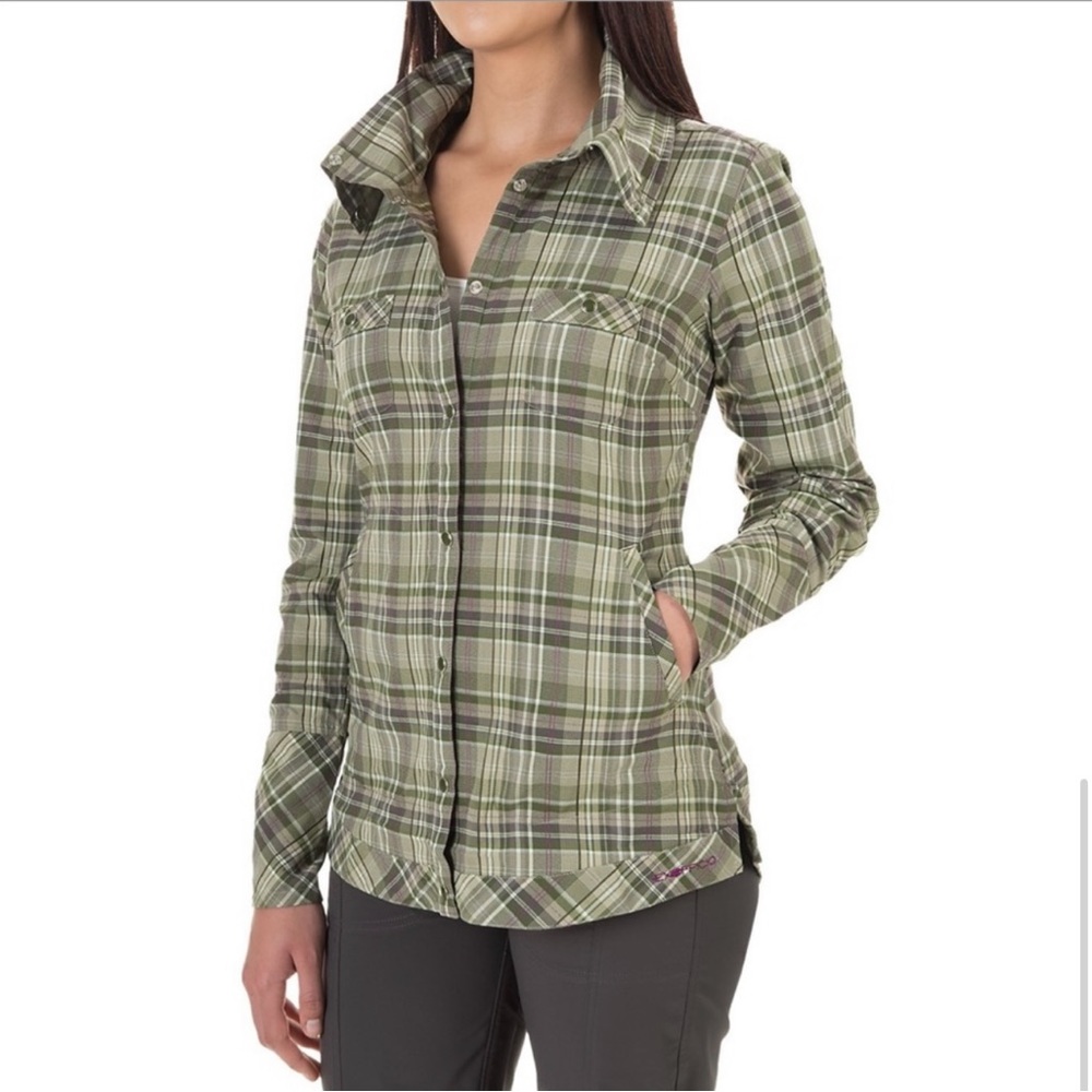 EXOFFICIO Alba Funnel Neck Plaid Shirt Jacket Green Plaid Pockets Purple Hiking